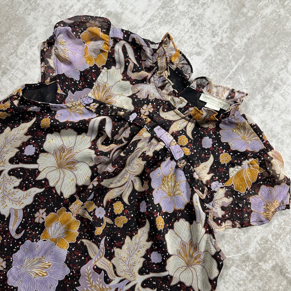 Christian Siriano Blouse Womens S Black Purple Floral Metallic Ruffle Mock Neck